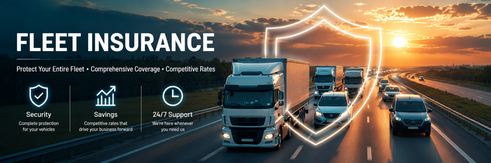 Wide fleet insurance banner showing trucks and commercial vehicles driving on a motorway at sunset with a glowing protection shield, highlighting comprehensive fleet cover, competitive rates, security, savings, and 24/7 support.