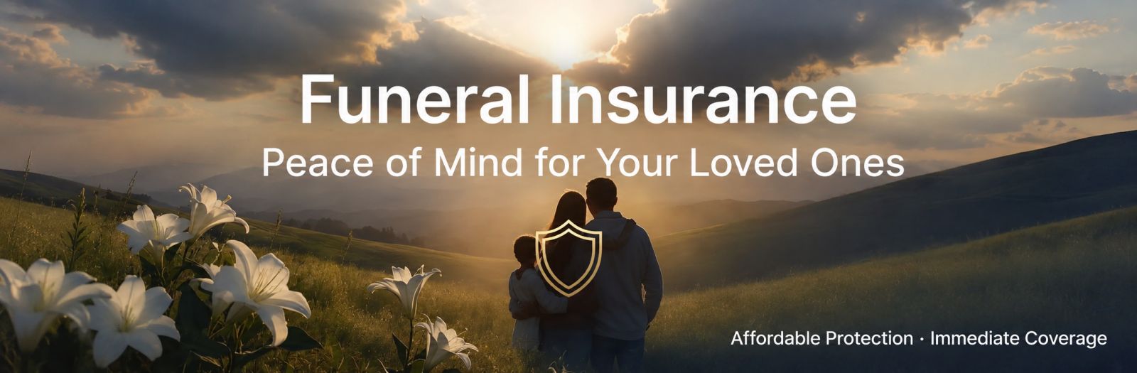 Affordable Funeral Insurance Plans – Peace of Mind & Immediate Coverage for Your Loved Ones Funeral insurance banner featuring a family standing together in a peaceful sunset landscape with white lilies, symbolizing protection, peace of mind, affordable coverage, and financial security for loved ones.
