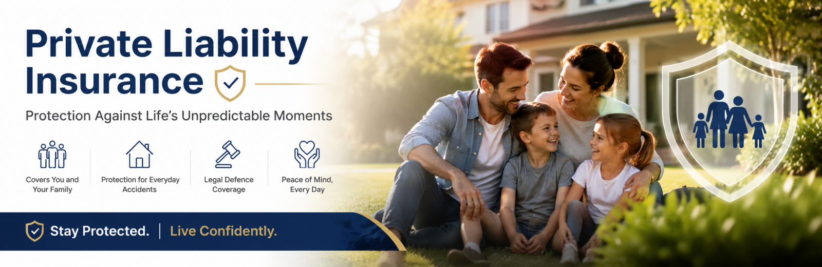 Private Liability Insurance Coverage – Protect Your Family, Home & Everyday Life with Confidence Private liability insurance banner featuring a happy family sitting outside their home with protection shield graphics, highlighting coverage for everyday accidents, legal defence, family protection, and peace of mind.