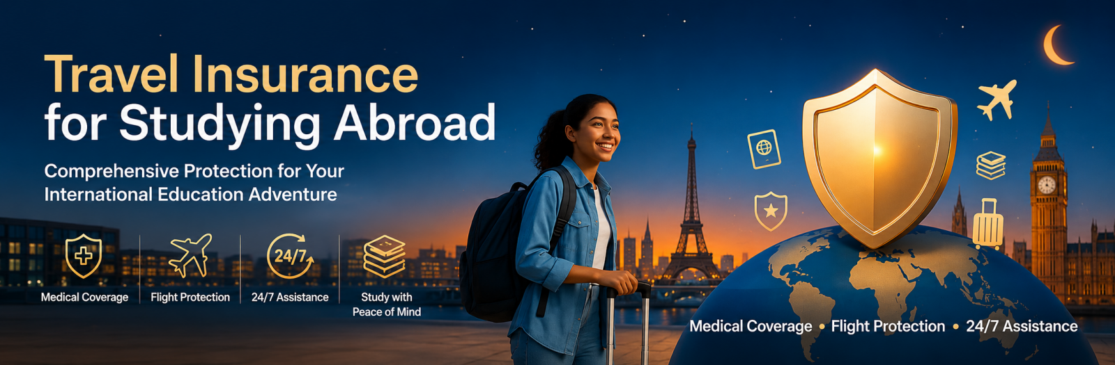 Travel insurance for studying abroad banner featuring an international student with luggage beside global landmarks and a protective shield, highlighting medical coverage, flight protection, 24/7 assistance, and safe international education travel.