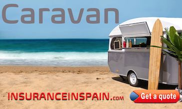 Caravan on the beach with surfboard for caravan insurance in spain with  breakdown recovery 