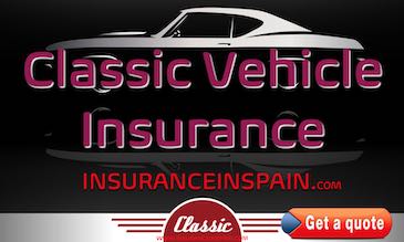 Classic car and motorcycle insurance advert in Spain with classic car in background.