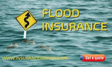 flood water with a road sign submerged with the sign visible showing water height and promoting flood insurance in Spain 