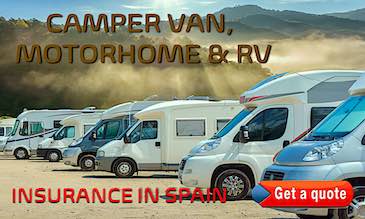 Line of motorhomes, camper vans and RVs promoting cheap insurance quotes in Spain