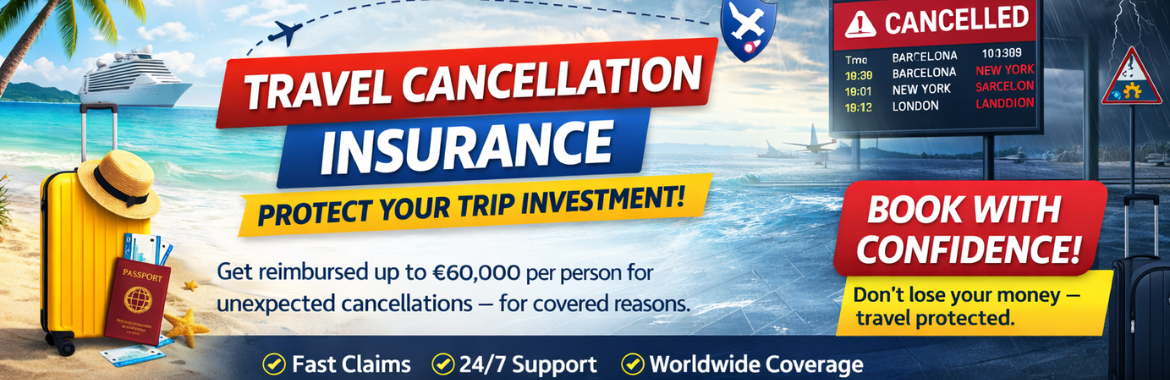 Promotional banner for travel cancellation insurance showing a beach scene with luggage, passport, and cruise ship on one side, and a stormy airport scene with cancelled flights on the other. Text highlights “Protect your trip investment,” reimbursement up to €60,000, and features like fast claims, 24/7 support, worldwide coverage, and “Book with confidence.