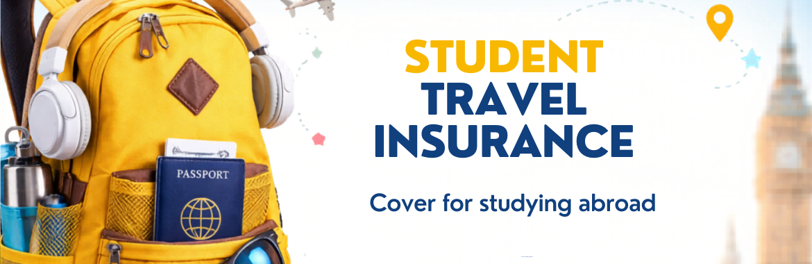 Student travel insurance banner showing backpack, passport and travel items promoting insurance cover for students studying abroad