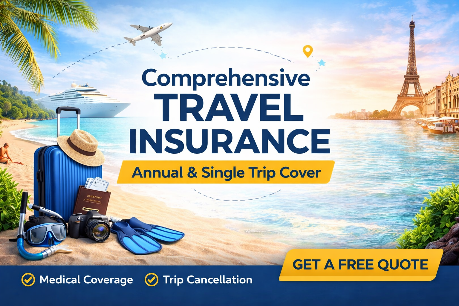 Comprehensive travel insurance banner showing beach travel gear, airplane and European city promoting annual and single trip travel insurance cover
