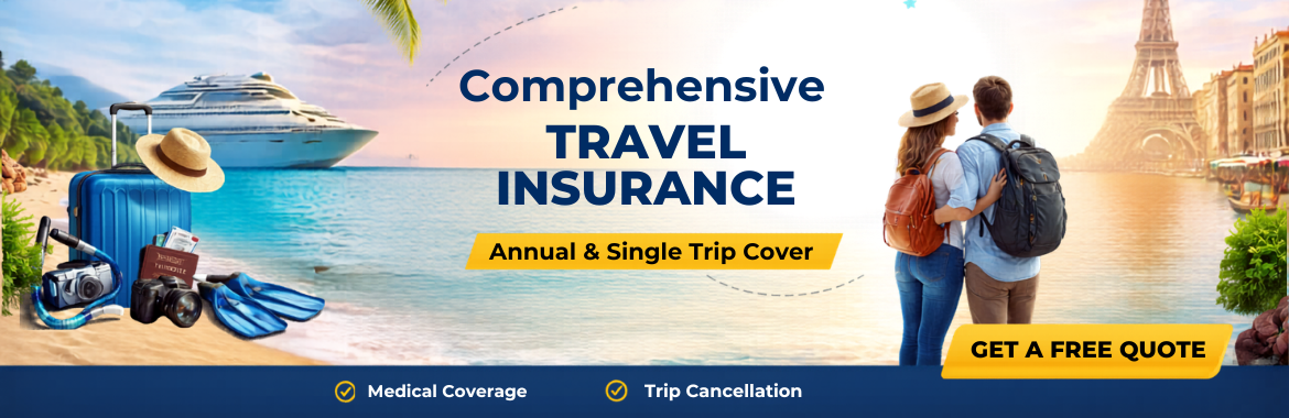 Comprehensive travel insurance banner showing beach travel gear, airplane and European city promoting annual and single trip travel insurance cover