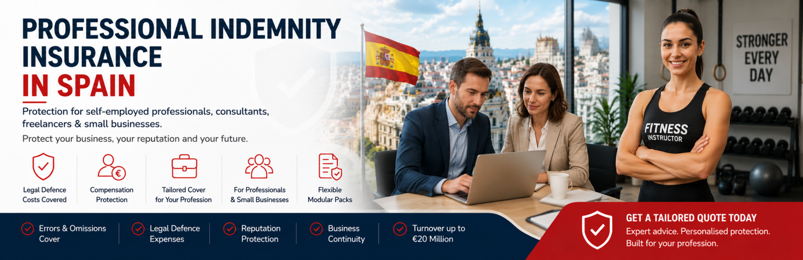 Professional banner for professional indemnity insurance in Spain featuring self-employed professionals and consultants in an office setting, with coverage highlights, insurance benefit icons, and a fitness instructor representing included professional sectors, alongside a modern city backdrop and a call-to-action for a tailored insurance quote.