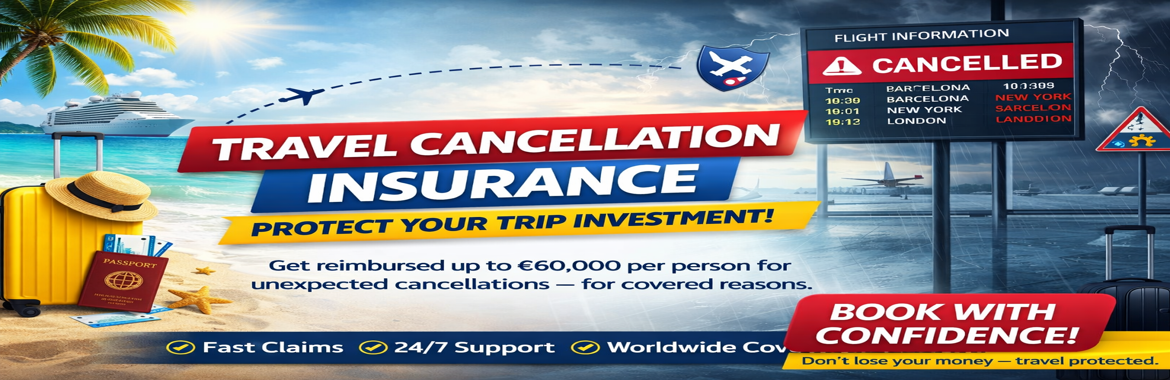 Travel cancellation insurance banner showing protection for cancelled holidays with up to €60,000 cover for unexpected trip cancellations